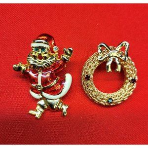 Christmas Pins/ Brooch Set of 2 Christmas Gold Wreath & Santa Moving Legs Pins